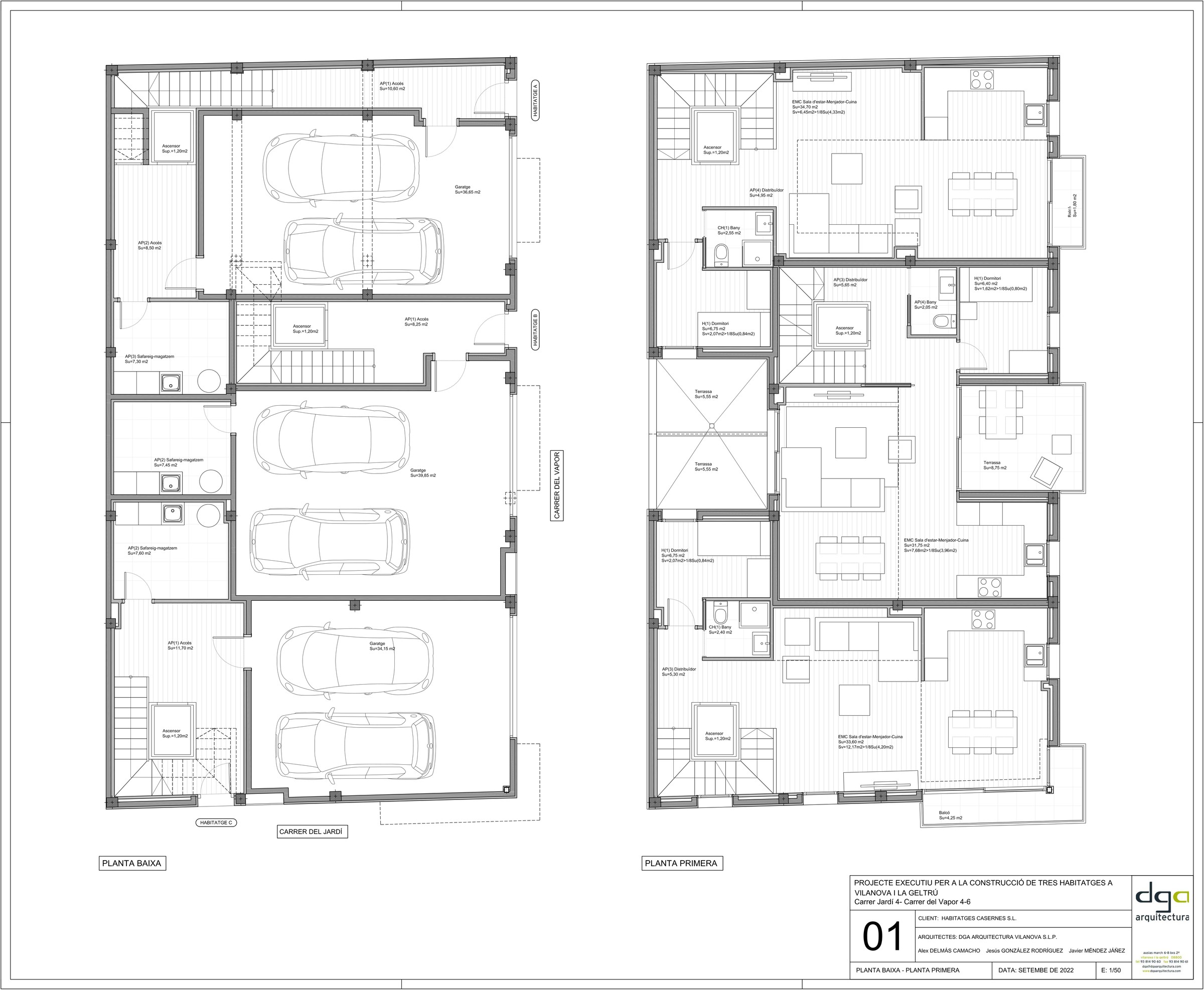 Plano planta baja y planta primera — 3 casas unifamiliares Carrer Jardí, 4